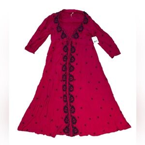 NWT Free People Fable Embroidered Festival Boho Mid/Maxi Maroon/Pink Dress